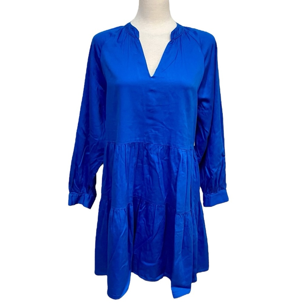 Felicite Apparel Blue Long Sleeve V-Neck Tiered Dress Women's Size Medium